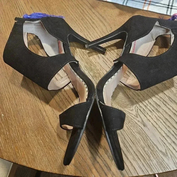 Betsey Black Suede Heeled Sandals with Purple Tassels - Picture 2 of 8